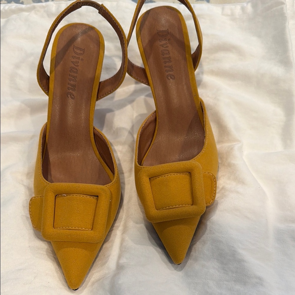 Mustard Pointed-Toe Slingback Heels with Buckle Detail